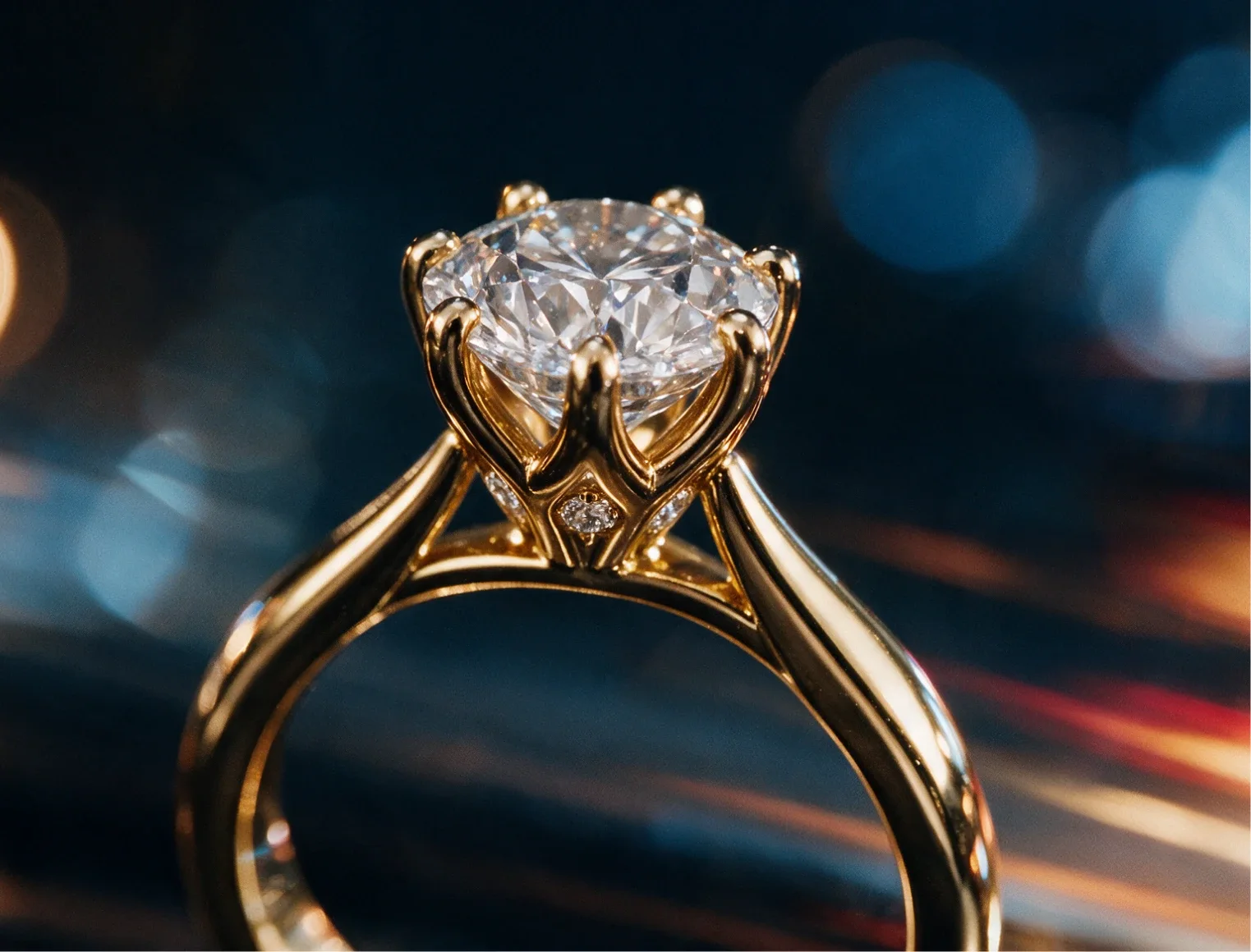 Six-prong diamond solitaire in yellow gold